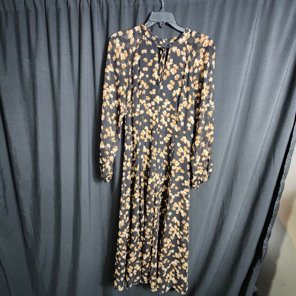 Tommy Hilfiger Black Floral Chiffon‎ Midi Dress Long Sleeve Keyhole Size 4